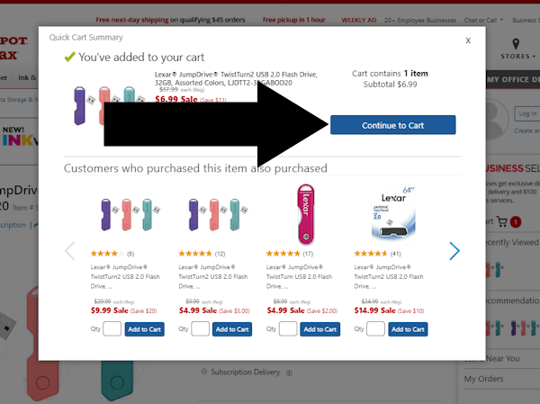 How to redeem an Office Depot coupon - Step 1: A screenshot of officedepot.com with an arrow pointing to a link with the text CONTINUE TO CART