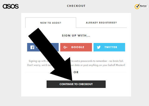 Where do I enter my ASOS coupon -Step 3: an arrow points to a link with the title CONTINUE TO CHECKOUT on the ASOS website