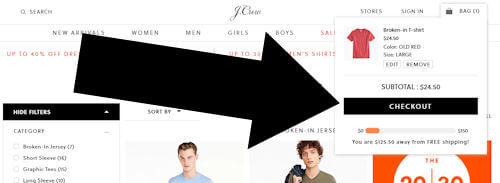 How Do I Use A Coupon At J Crew - Step 2: An arrow points to a black CHECKOUT button