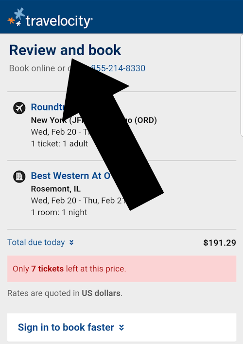 How to redeem a package vacation coupon -  step 1: A screenshot of a travelocity.com listing with an arrow pointing to a page heading with the text 'Review and book'