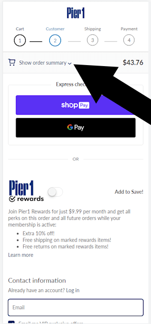 How to use a coupon on Pier1 - Step 1: A screenshot of pier1.com with an arrow pointing to a link with the text "Show Order Summary"
