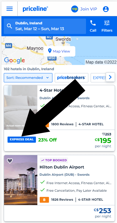screenshot of hotel marked Express Deal