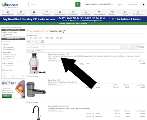 How to use an AJ Madison coupon - Step 1: A screenshot of ajmadison.com with a black arrow pointing at a sample item