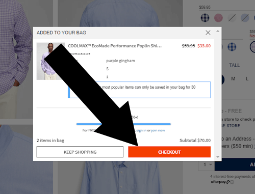 Where To Enter the Coupon at The Gap - Step 2: A black arrow points to a text link that reads 'CHECKOUT'