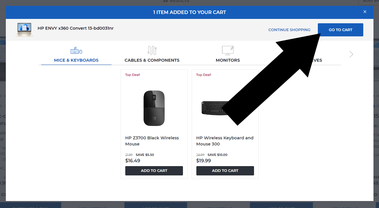 Where to enter a coupon on HP - Step 2: A black arrow point to a link with the text 'GO TO CART'