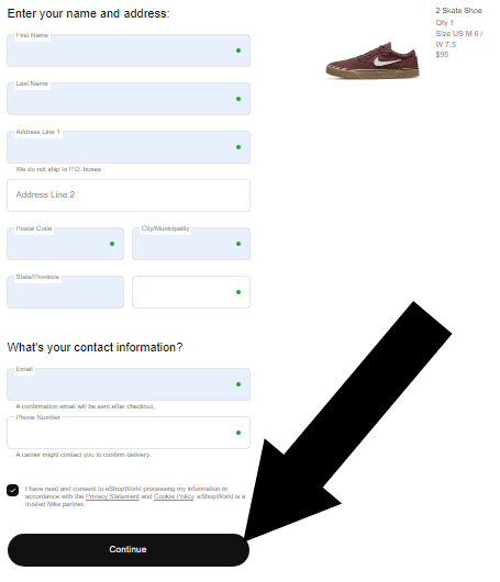 How to use a Nike promo code - Step 1: On the NIKE website, a black arrow points to text that says CONTINUE