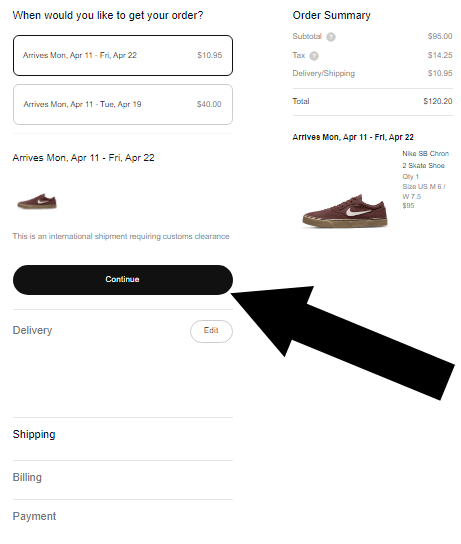 How to use a Nike promo code - Step 2: As the checkout process continues, another black arrow points to text that reads CONTINUE