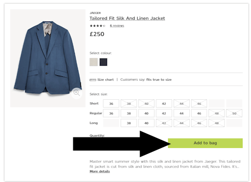 Where To Enter a Coupon Marks & Spencer - Step 1: A screengrab of Marks and Spencer with the 'ADD TO BAG' link highlighted