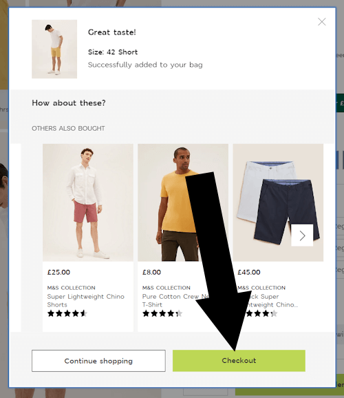Where To Enter a Coupon Marks & Spencer - Step 2: A screengrab of Marks and Spencer with the 'CHECKOUT' link highlighted