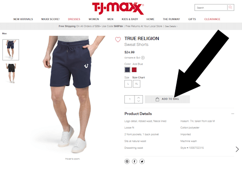 How to redeem TJ Maxx coupons - Step 1: A screenshot of tjmaxx.com shows how to add a sample product to your 'shopping bag'