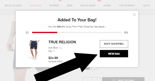 How to redeem TJ Maxx coupons - Step 2: A screenshot of tjmaxx.com shows how to view the contents of your shopping bag