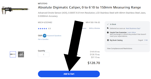 How To Redeem an MSC Industrial Supply Code - Step 1: A screengrab of mscdirect.com with an arrow pointing to the ADD TO CART button