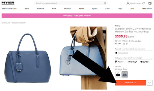 How to use a Myer Coupon - Step 1: A sample purchase begins on Myer.com. An arrow directs attention to a button with text "Add To Bag"
