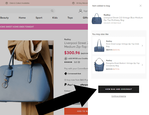How to use a Myer Coupon - Step 2: A sample purchase continues on Myer.com, an arrow directs attention to a link with text "VIEW BAG AND CHECKOUT"