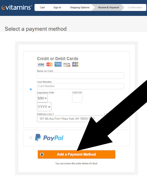 How to Enter the Coupon on eVitamins - Step 2: A black arrow points to a link with the text ADD A PAYMENT METHOD