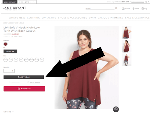 How to redeem a Lane Bryant coupon - Step 1: A screenshot of lanebryant.com with a black arrow pointing at a link with the text 'Add To Bag'