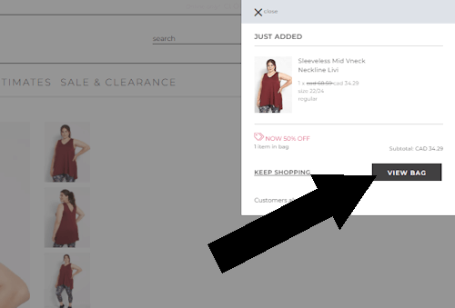 How to redeem a Lane Bryant coupon - Step 2: A screenshot of lanebryant.com with a popup. An arrow highlights a link with the text "View Bag"