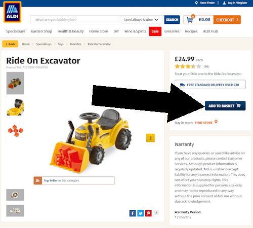 How to use an ALDI voucher - Step 1: A screenshot of the ALDI website with an arrow pointing to a link that says ADD TO BASKET