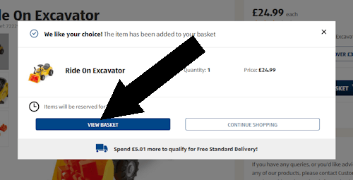How to use an ALDI voucher - Step 1: An arrow pointing to a link that says VIEW BASKET