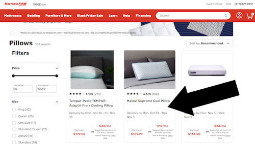 How to redeem a Mattress Firm coupon - Step 1: On a screengrab of mattressfirm.com, a black arrow points to a sample item