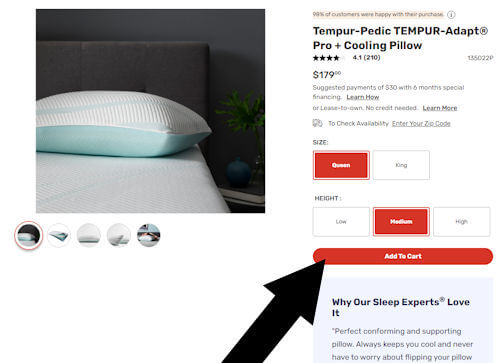 How to redeem a Mattress Firm coupon - Step 2: A black arrow points to a link with the text 'Add To Cart'