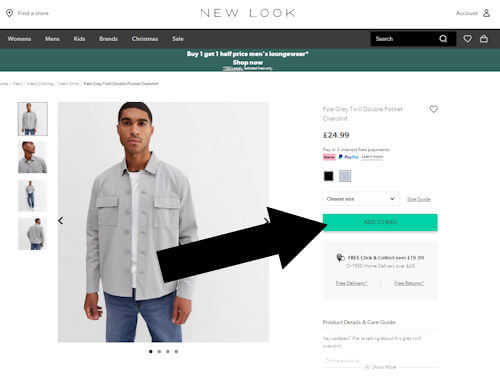 How to redeem a New Look voucher - Step 1: On newlook.com an arrow points to a green ADD TO BAG button