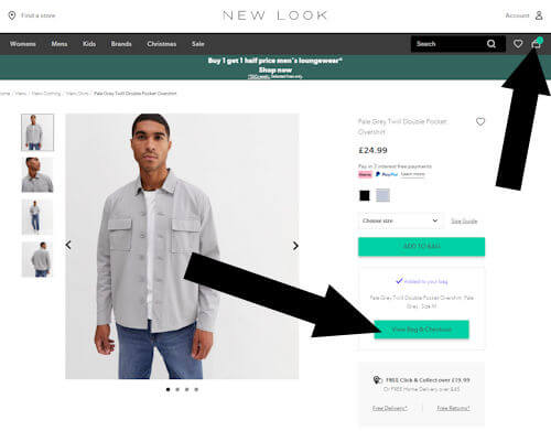How to redeem a New Look voucher - Step 2: On newlook.com an arrow points to a green VIEW BAG AND CHECKOUT link