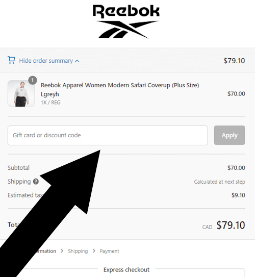 How to redeem a Reebok coupon - Step 4 Apply code