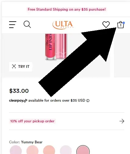 How to enter an ulta coupon - Step 2: An arrow points to a shopping cart icon on ulta.com
