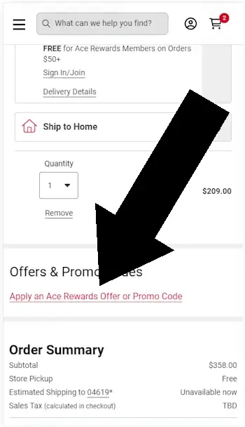 Ace Hardware checkout page with promo code entry highlighted, showing item price and order summary details.