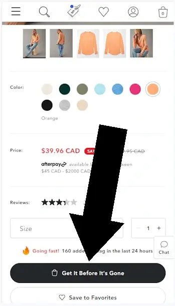 How to redeem an American Eagle coupon - Step 1: A screenshot of ae.com with an arrow pointing at the purchase button. 