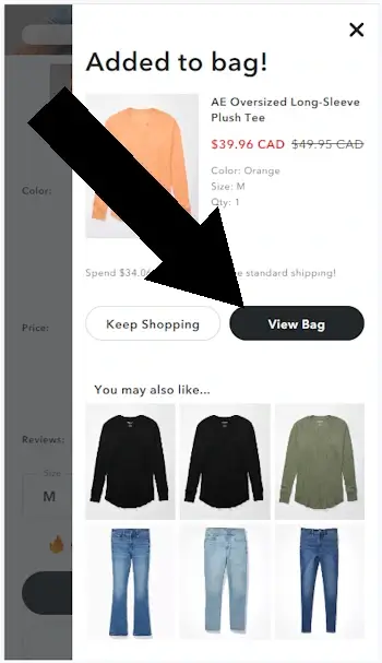 How to redeem an American Eagle coupon - Step 2: A screenshot of ae.com with an arrow pointing at a link with the label 'View Bag'