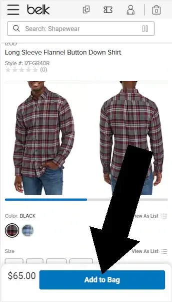 How to use a coupon on Belk - Step 1:  An arrow points to the ADD TO BAG button on the mobile version of the Belk website