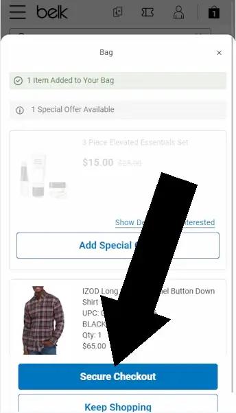 How to use a coupon on Belk - Step 2:  An arrow points to the SECURE CHECKOUT button