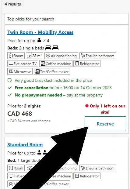 How to use a coupon code at Booking.com step two:  An arrow points to the RESERVE button on a hotel listing