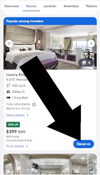 expedia screenshot and arrow pointing to a reserve button