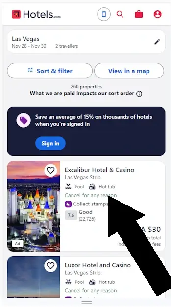 How to enter a hotels.com coupon - Step 1: On the mobile version of hotels.com, a black arrow points to a sample hotel listing