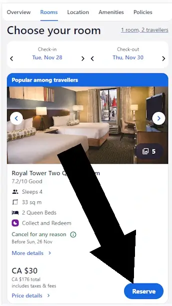 How to enter a hotels.com coupon - Step 2: A black arrow points to a link with the text 'RESERVE'