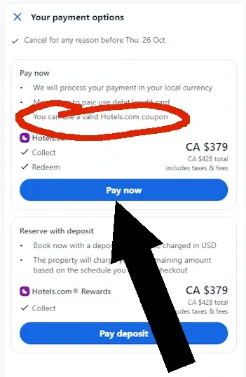 How to apply a hotels.com coupon - Step 3: A black arrow points a PAY NOW link.