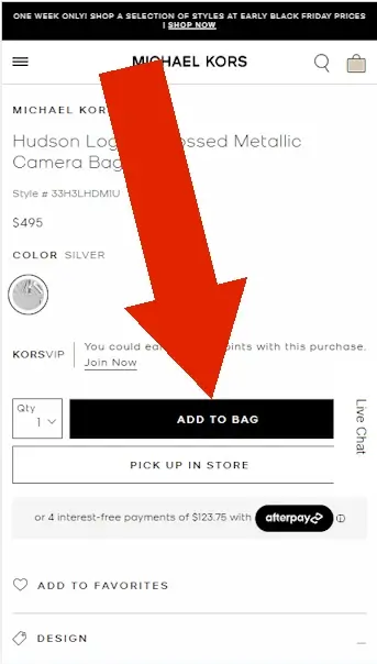 How to redeem a Michael Kors discount - Step 1: On a mobile device, a red arrow points to a button with the text "Add To Bag"