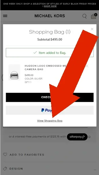 How to redeem a Michael Kors discount - Step 2: On a mobile device, a red arrow points to a button with the text "View Shopping Bag"