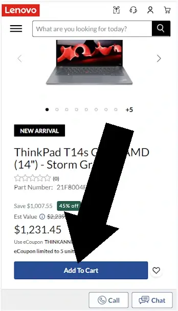 Where Do I Enter The Coupon on Lenovo - Step 1: An arrow points to the ADD TO CART button on a lenovo product page