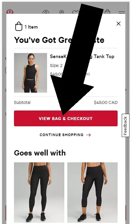 How to apply a Lululemon coupon - Step 2: An arrow points to a link with the text VIEW BAG on the mobile version of the lululemon website