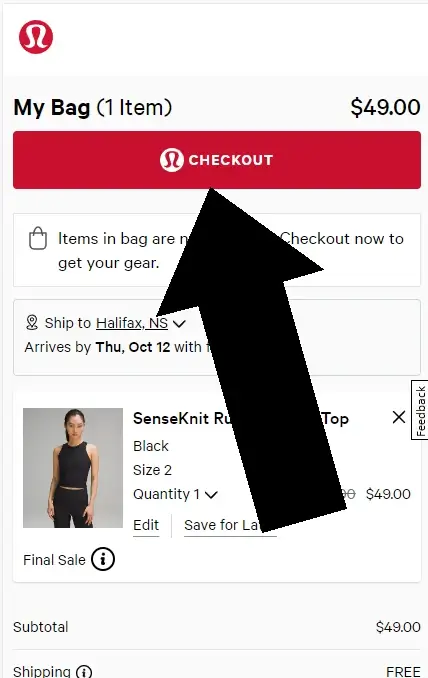 How to apply a Lululemon coupon - Step 3: An arrow points the checkout link