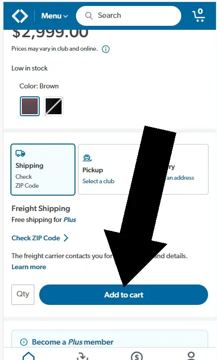 How to Enter the Coupon on Sam's Club - Step 1: Navigate to samsclub.com, where you'll find an arrow indicating a link labeled "Add To Cart."