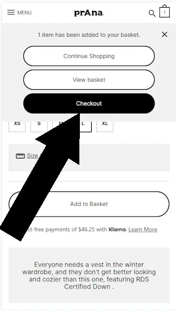 Where to enter a prana coupon - Step 1: A screenshot of the mobile version of prana.com where a black arrow points to the checkout button