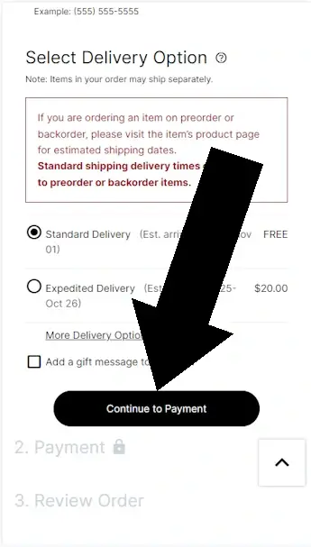 Where to enter a prana coupon - Step 2: A black arrow points to a link with the text "CONTINUE TO PAYMENT"