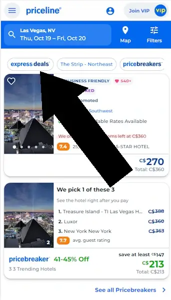 priceline screenshot highlighting express deals