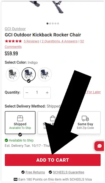 Use a Scheels code step 1:  tap ADD TO CART using red button at bottom of mobile screen