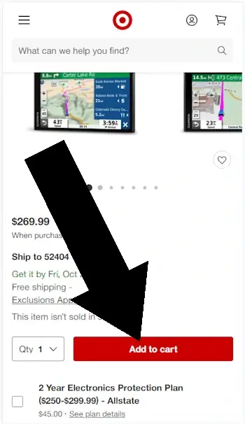 How to enter a Target coupon - Step 1: A screengrab from target.com shows sample purchase and an arrow pointing to an 'ADD TO CART' button